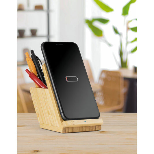 Bamboo Dual Coil Wireless Charger with Pen Holder